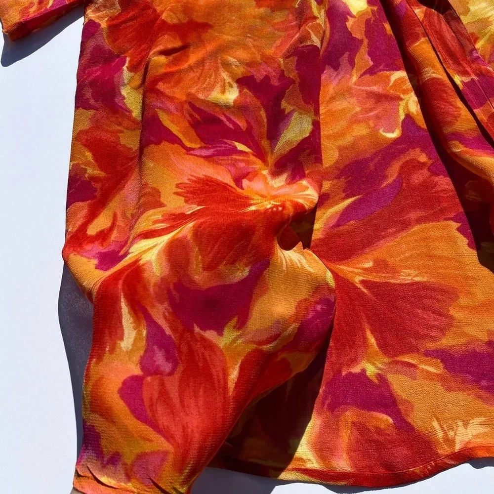 Vintage Sun Streak Orange Sheer Floral Swim Coverup Womens Medium Beach Vacation
